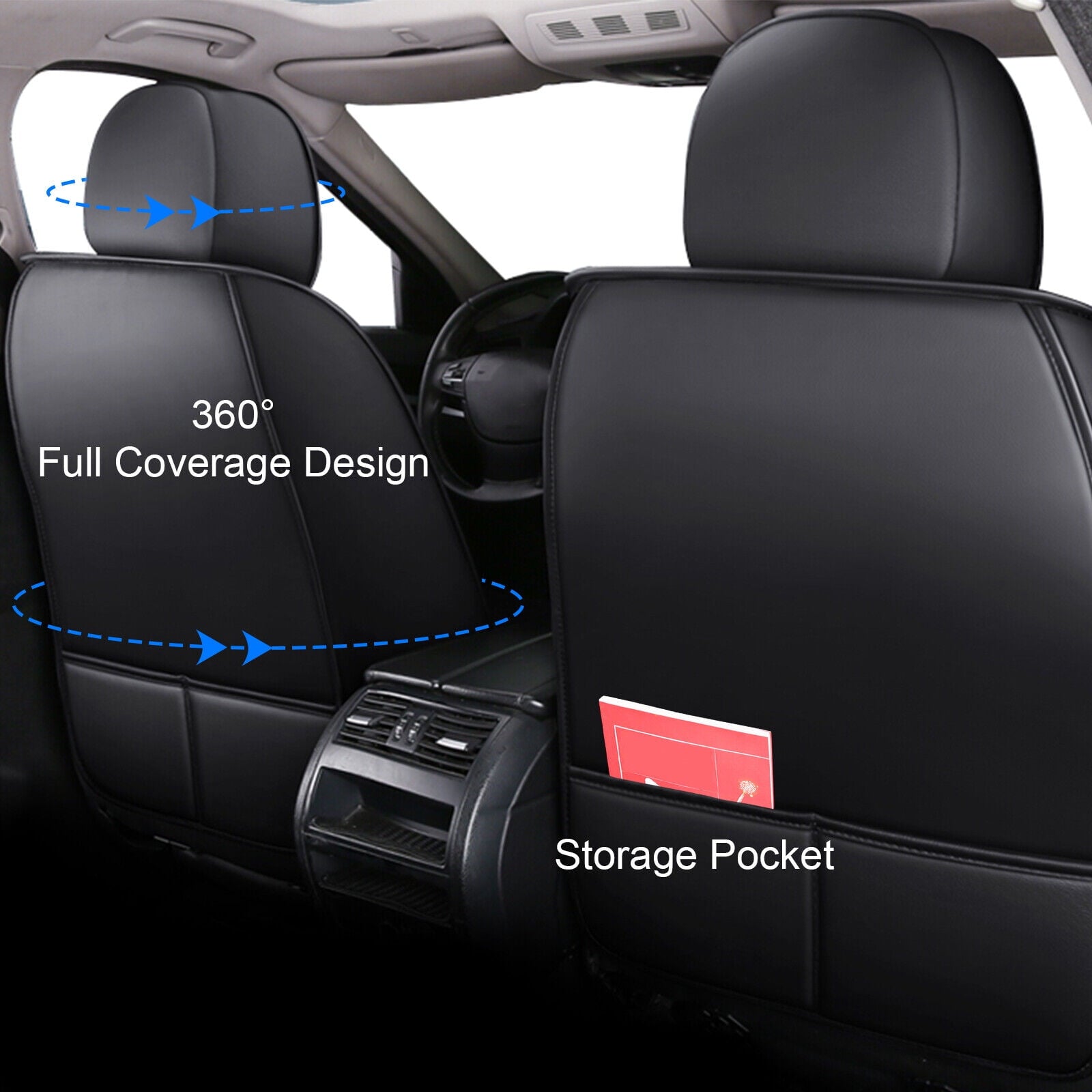 FANOTEK Black/Blue, PU Leather, Waterproof, Cushioned, Front Rear Seat Covers, 5 Pieces