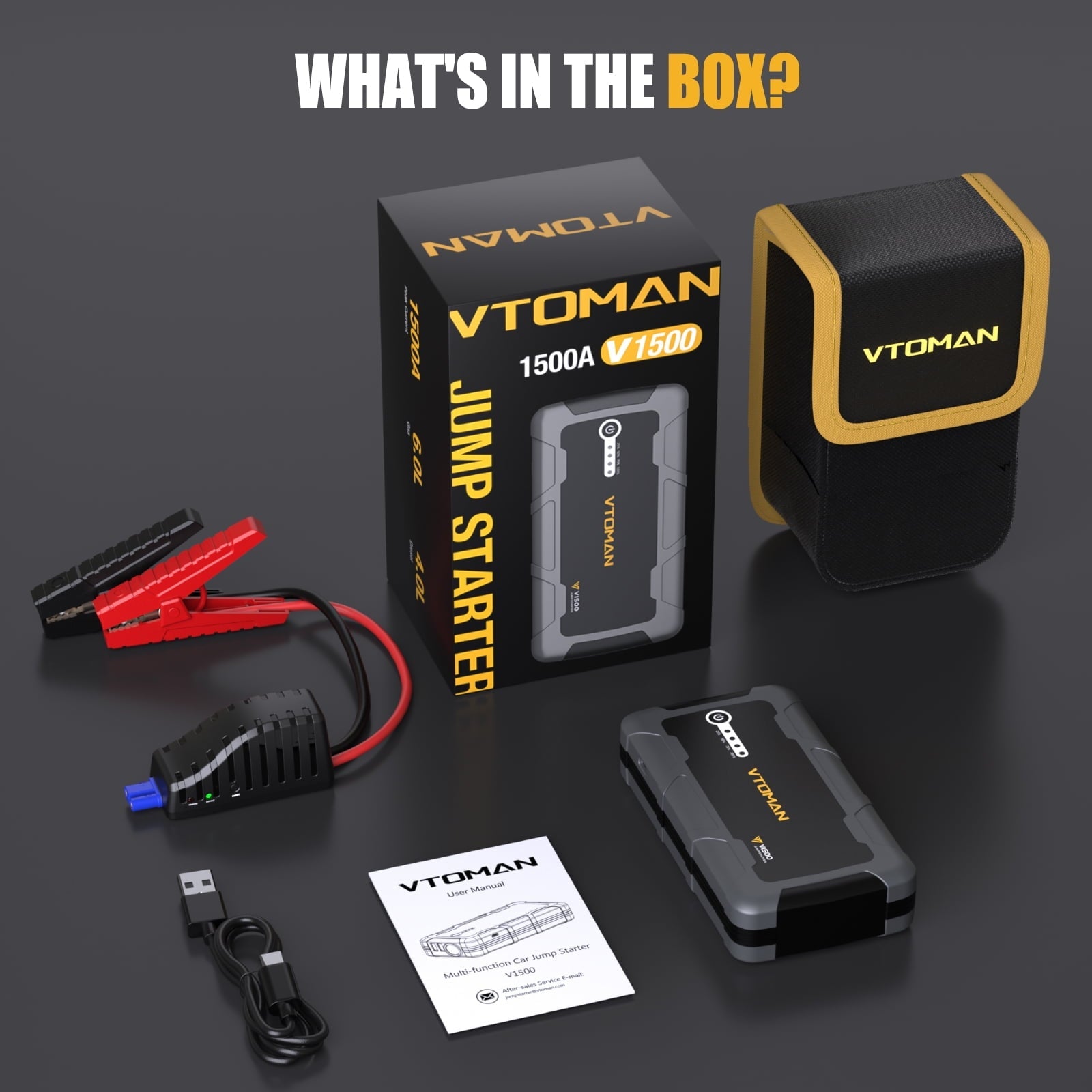 VTOMAN V1500 Jump Starter - Car Battery Jumper Starter for 12V Vehicles (1500A, Up to 6.0L Gas & 4.0L Diesel Engines), Jump Box, Lithium Booster Pack, Portable Charger with Jumper Cables, LED Light