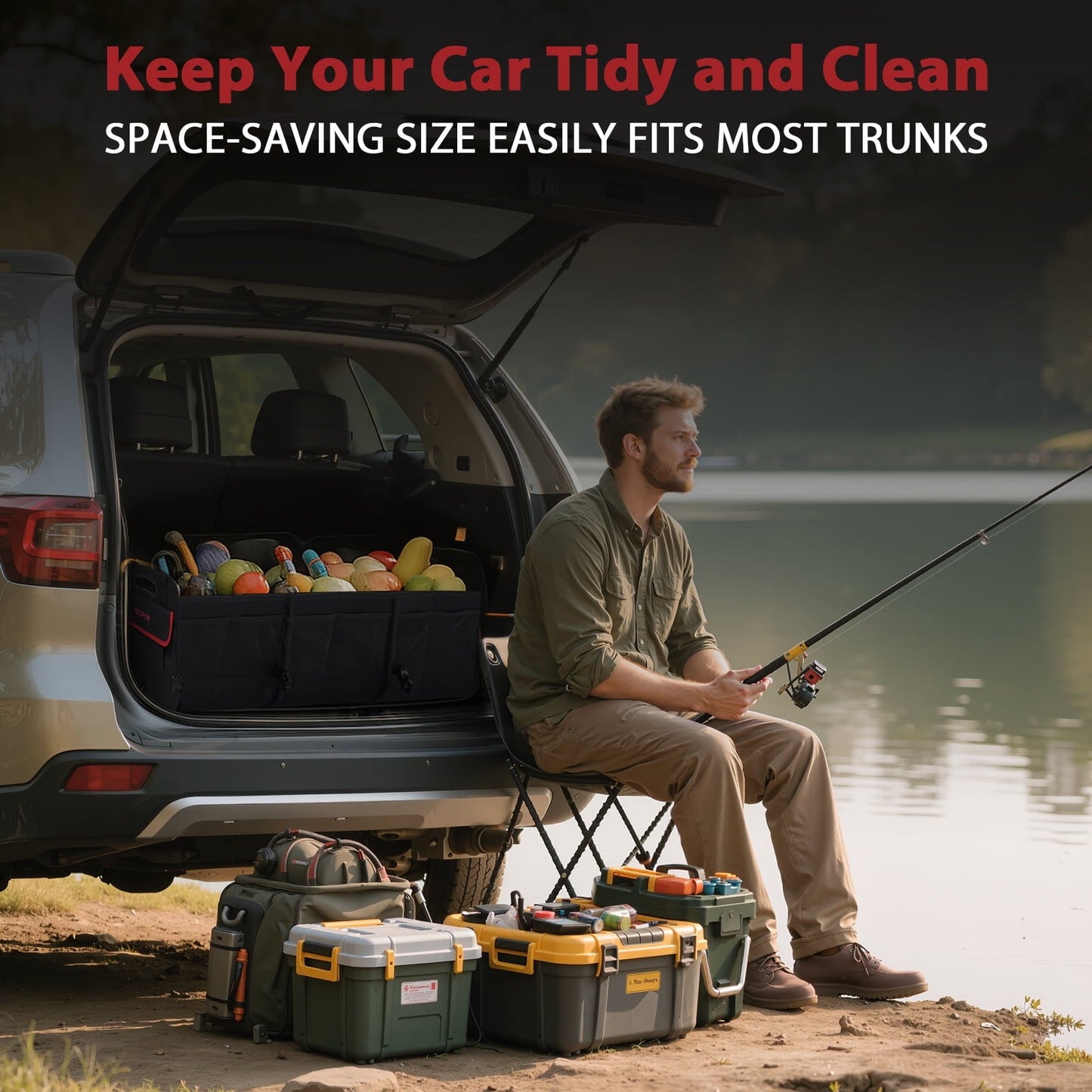 NEXPOW Car Trunk Organizer, 95L Collapsible SUV Organizer, Multi-Compartment, Car Storage Box with 2 Adjustable Straps for Women Men