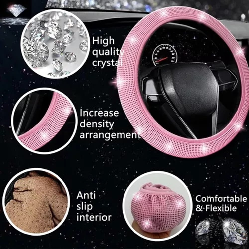 Bling Crystal Diamond Steering Wheel Cover, 13Pcs Shiny Rhinestone Sparkling Car Interior Decorations, Car Accessories for Women Girls,-Pink