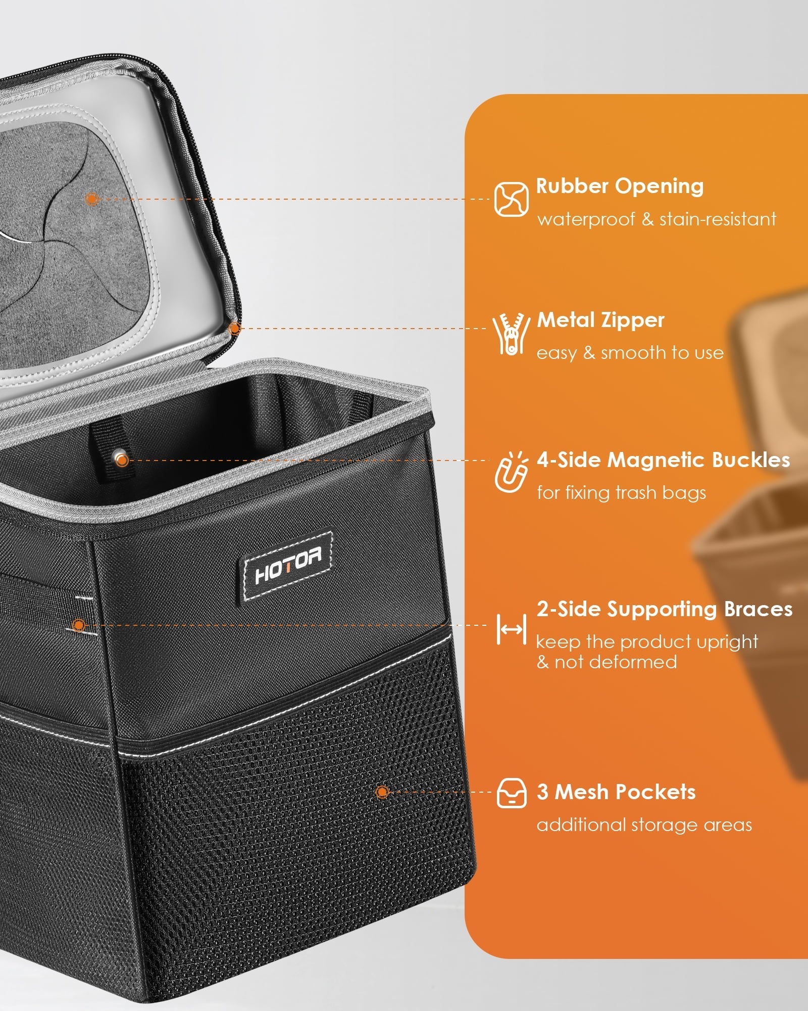 HOTOR Car Trash Can with Lid, Leak-Proof Car Garbage Can with Mesh Pockets, Car Accessories, 2 Gallons, Leopard-Print Black