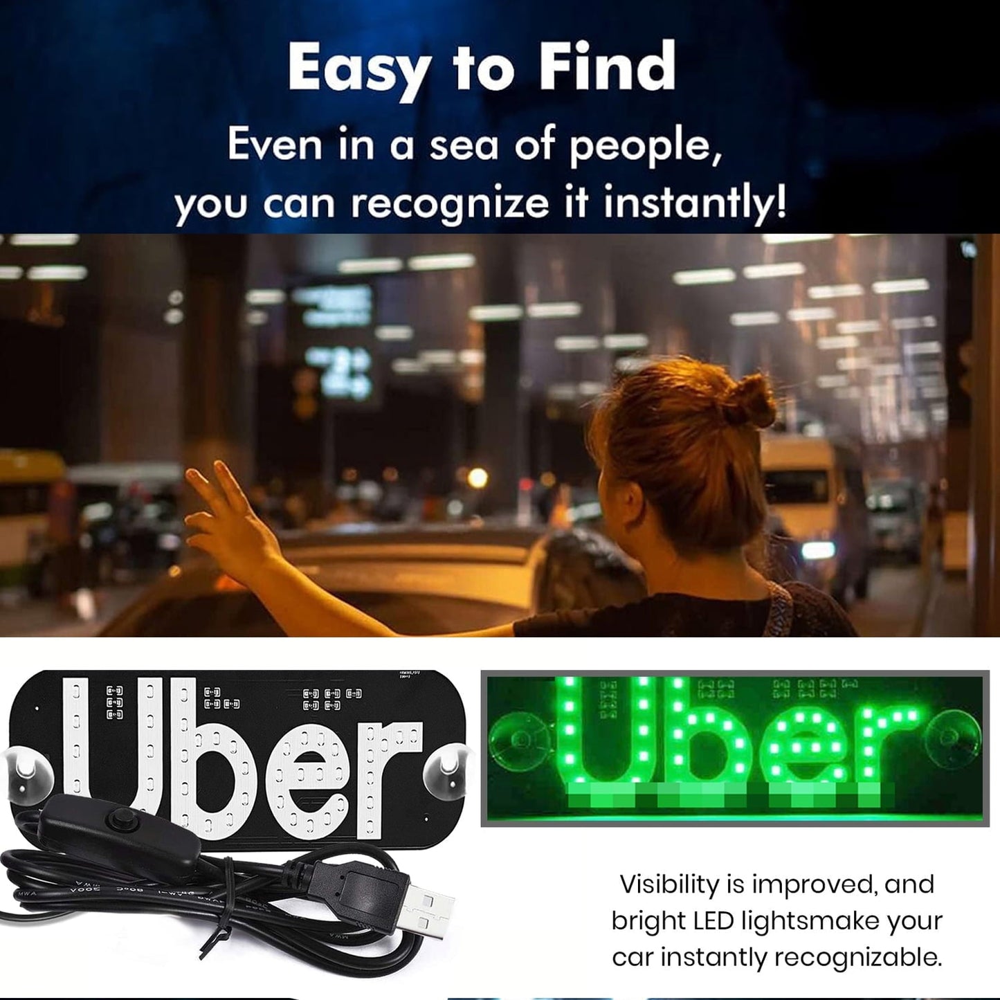 Led Light Signs for Car Windshield, Glow LED Sign Decal Stickers with Suction Cups Flashing Hook on Car Window LED Bright Lights USB Plug