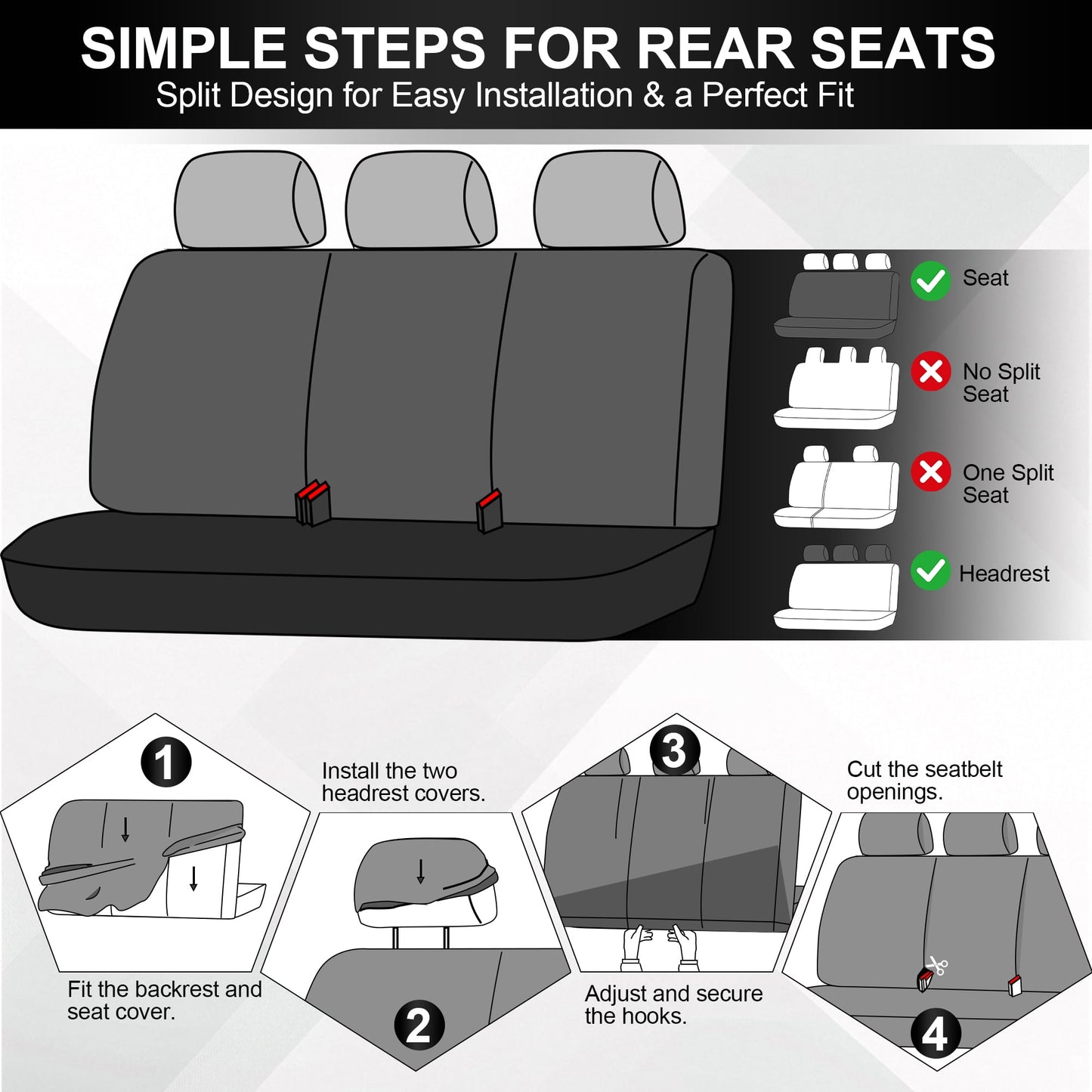 FLORAY 9-Piece Car Seat Covers Full Set - Airbag Safe, Thickened, Split Rear, Machine Washable - Universal Fit for Cars, SUVs, Trucks, Gray