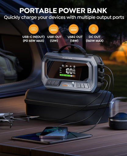 Car Jump Starter with Air Compressor 6000A 160PSI(All Gas/12.0L Diesel)Portable Jump Starter with Tire Inflator PD 65W,12V DC PSU Jump Box Extended Jumper Cables Large LCD Display 600Lumen Light