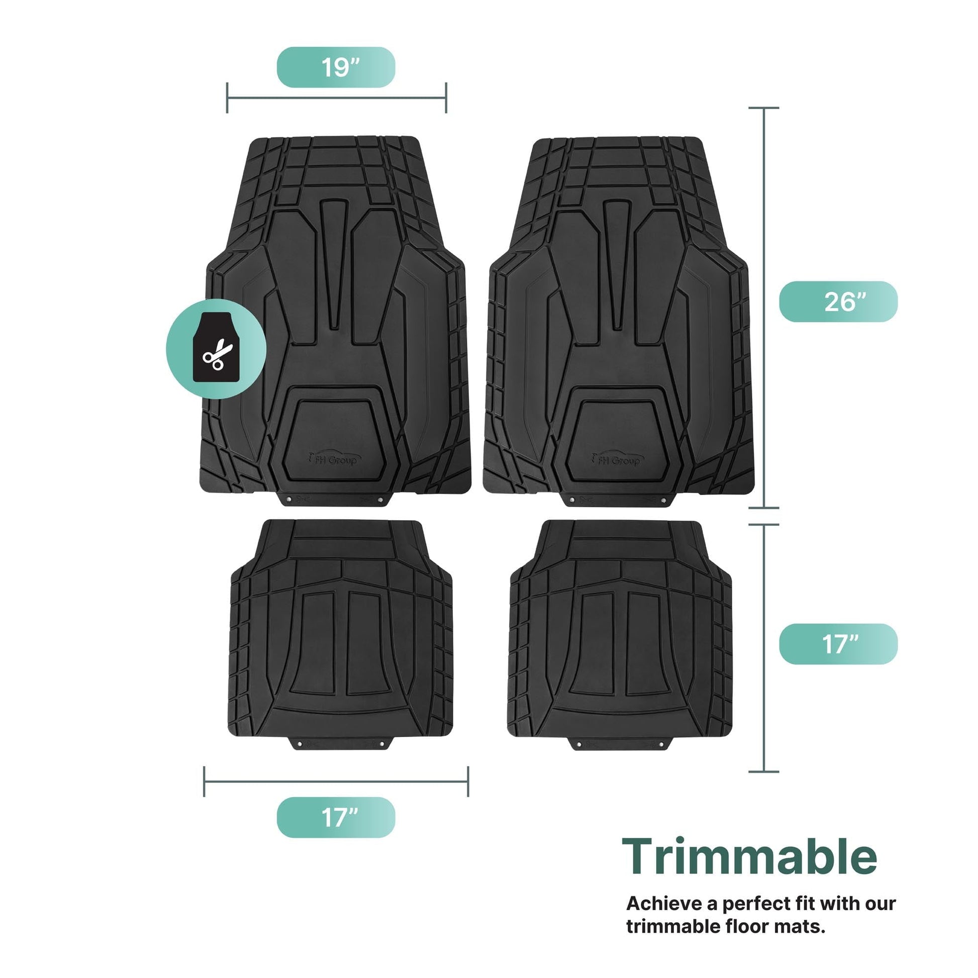 FH Group Universal Fit Trimabble Rubber Car Floor Mats with Stripped Design – Black Full Set