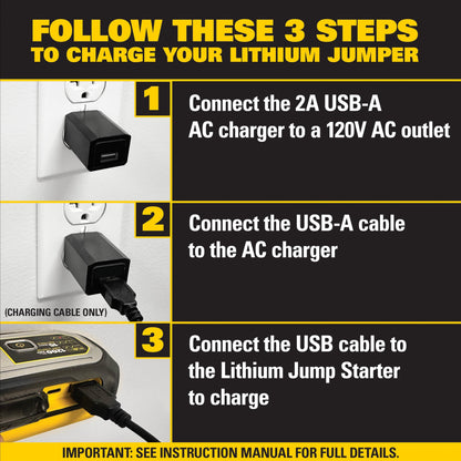 Stanley FatMax 1200A, Lithium Jump Starter with 15 Watt USB-A and USB-C Power, Includes clamps