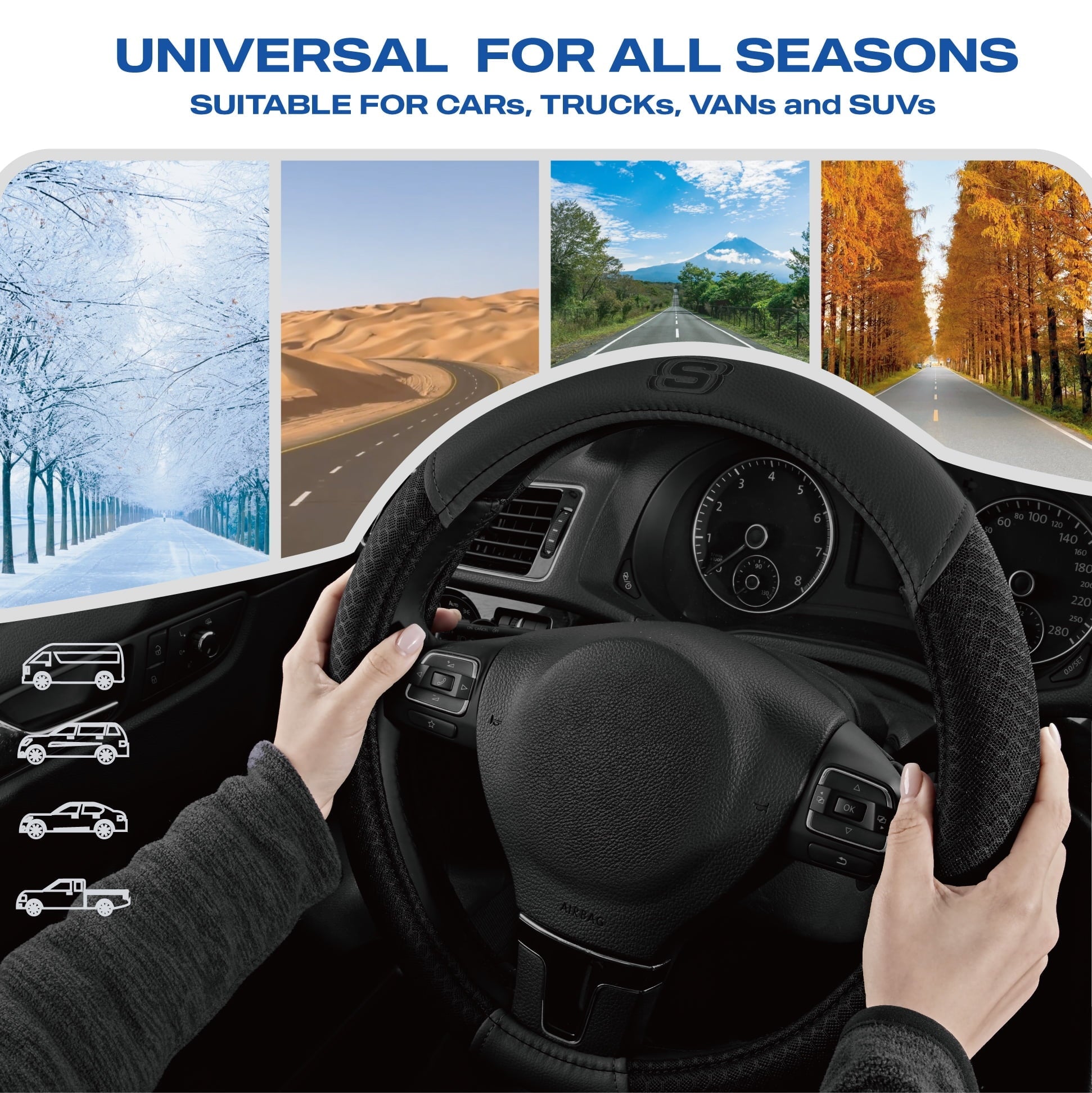 Skechers Air Cooled Memory Foam Steering Wheel Cover, Breathable Comfort Grip, Soft Leather, All-Season Fit for Cars, SUVs, and Trucks Hot Black