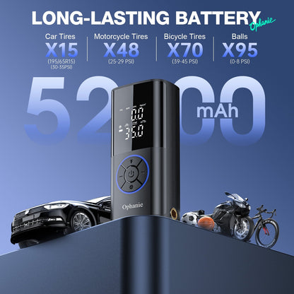 Ophanie Cordless Portable Tire Inflator - 160 Psi Digital Pressure Gauge, Air Compressor for Car Tires with Automatic Shutoff, Emergency LED Light, Compact Automotive Pump