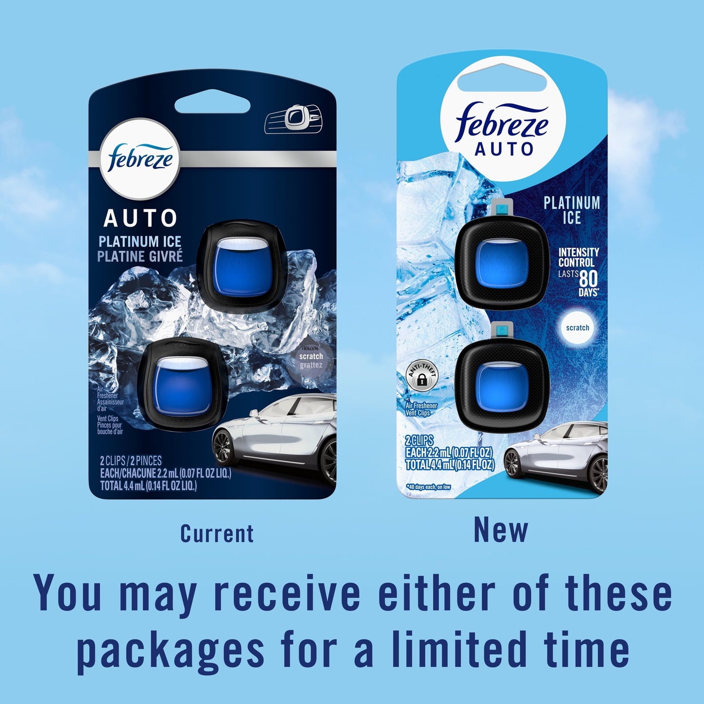 Febreze AUTO Car Air Freshener, Odor-Fighting Car Vent Clip, Platinum Ice, 2 Count