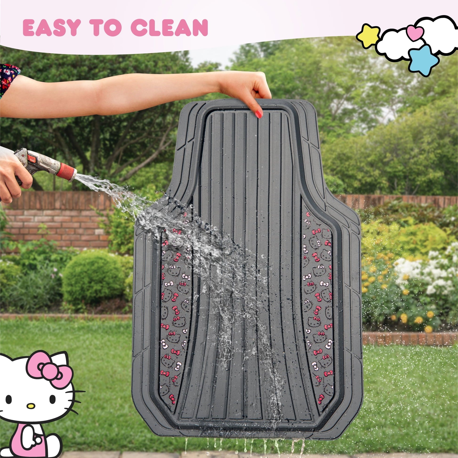 Hello Kitty 4pc Car Mats for Cars, Trucks, SUVs - Kawaii Rubber Floor Mats for Women & Men, Heavy Duty Non-Slip Front & Rear Mats, Cute Hello Kitty Accessories, Classic Gray with Pink Bows