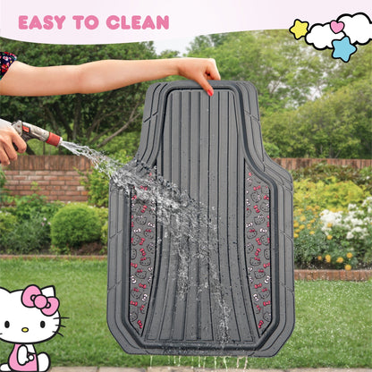 Hello Kitty 4pc Car Mats for Cars, Trucks, SUVs - Kawaii Rubber Floor Mats for Women & Men, Heavy Duty Non-Slip Front & Rear Mats, Cute Hello Kitty Accessories, Classic Gray with Pink Bows