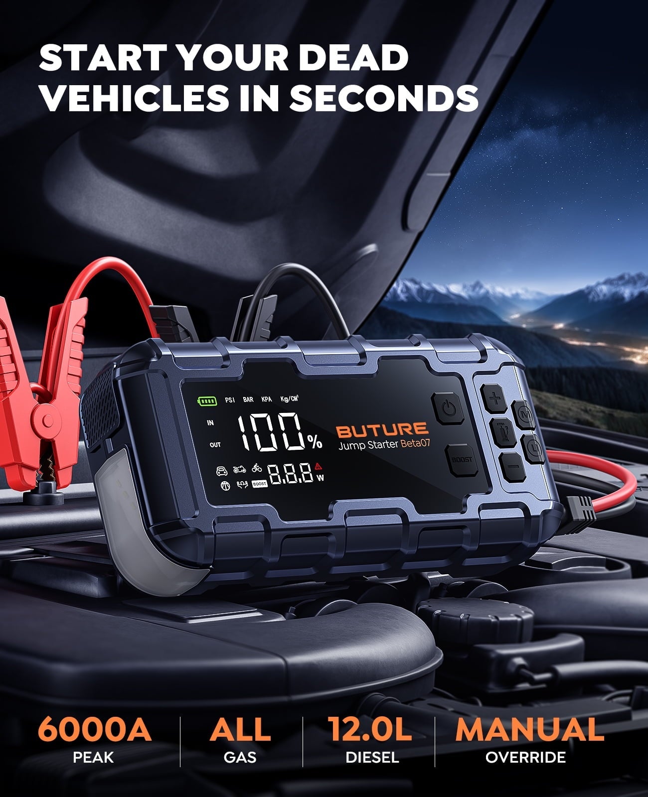 BUTURE 6000A Car Jump Starter with Air Compressor 160 PSI, 45W Charging Battery Booster Pack (All gas/12L Diesel), 7-in-1 Jump Starter Power Bank with LED Display