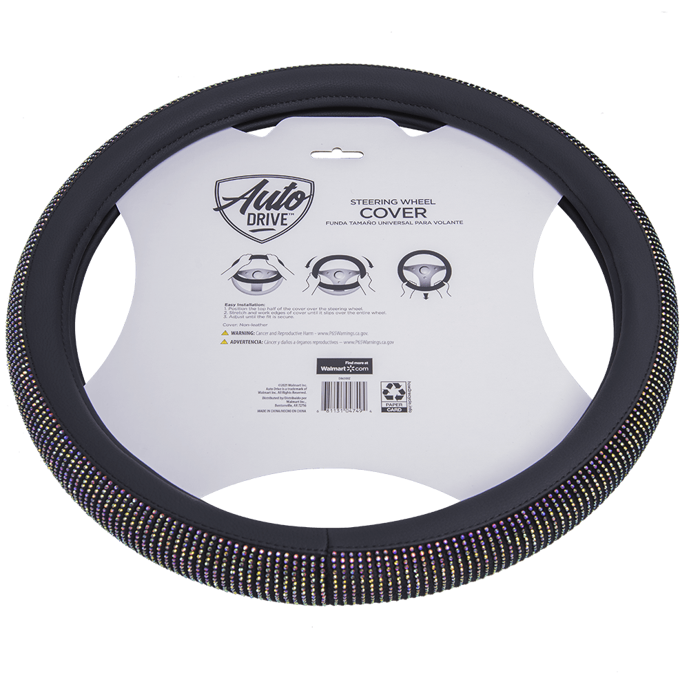 Auto Drive Black Universal Fit Iredescent Crystal Steering Wheel Cover, Fit for Cars, Suvs, Set of 1