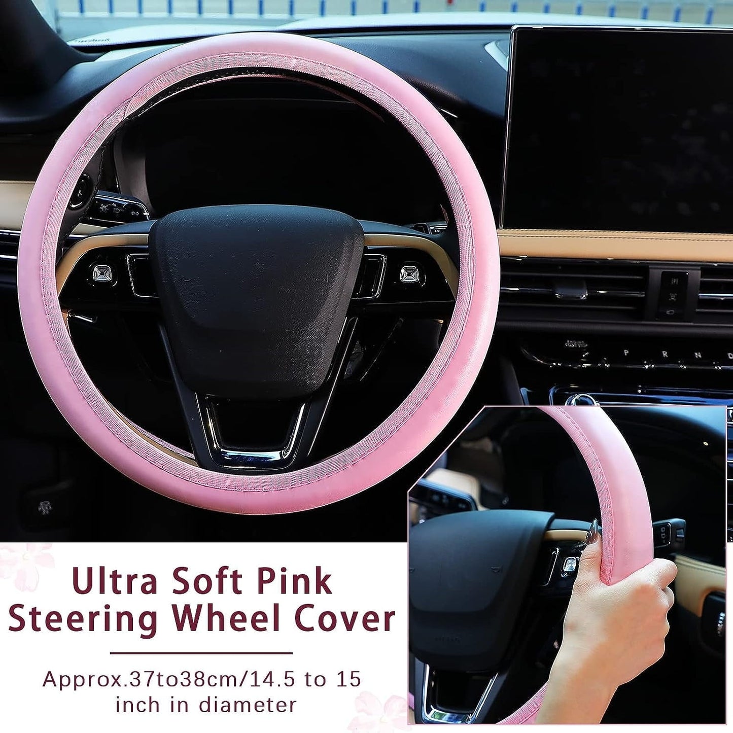 Leather Steering Wheel Cover for Women Cute Car Accessories Set of 10 Includes Seat Belt Shoulder Pads Seatbelt Covers Cup Holders Start Button Ring Sticker Air Vent Clip Car Accessories(Pink)