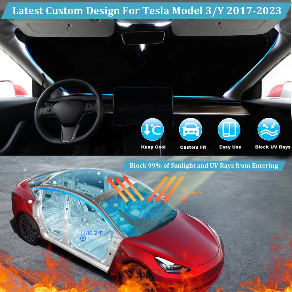 Custom Fit Windshield Sun Shade Visor Sunshade Block For Tesla Model 3 Y X 2024