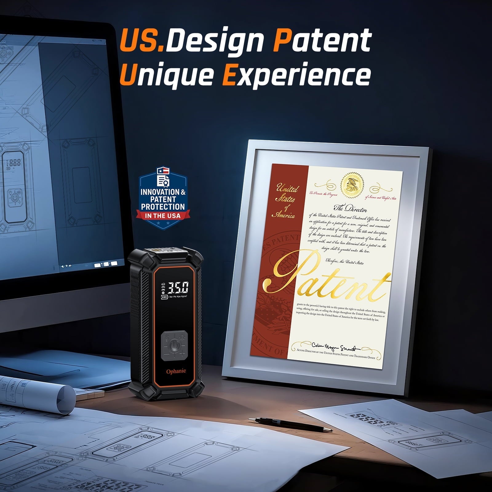 Ophanie Cordless Portable Tire Inflator - 160 Psi Digital Pressure Gauge, Air Compressor for Car Tires with Automatic Shutoff, Emergency LED Light, Compact Automotive Pump